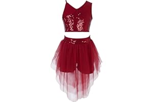 IEFIEL Ensemble Danse Jazz Enfant Fille Robe de Ballet Latine Patinage Paillettes Tutu Fille Jupe et Haut de Danse Bretelle Gymnastique 6-16 Ans