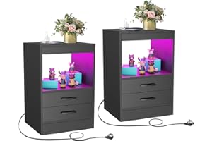 PIPIPOXER 2er Set Nachttisch mit Steckdose & USB, Nachttisch Schwarz Nachtschrank Hochglanz Nachtkommode 2 Schubladen mit Led 16 Farben Beleuchtung Beistelltisch für Schlafzimmer, 40x60x35cm