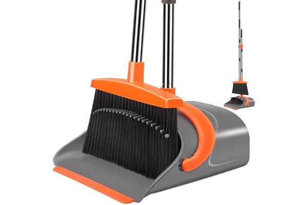 Ivandar Stainless Steel, Polypropylene Long Handle Hard Floor Broom with Upright Standing Dustpan, Broom and Dustpan Combo for Home and Office, Gray and Orange