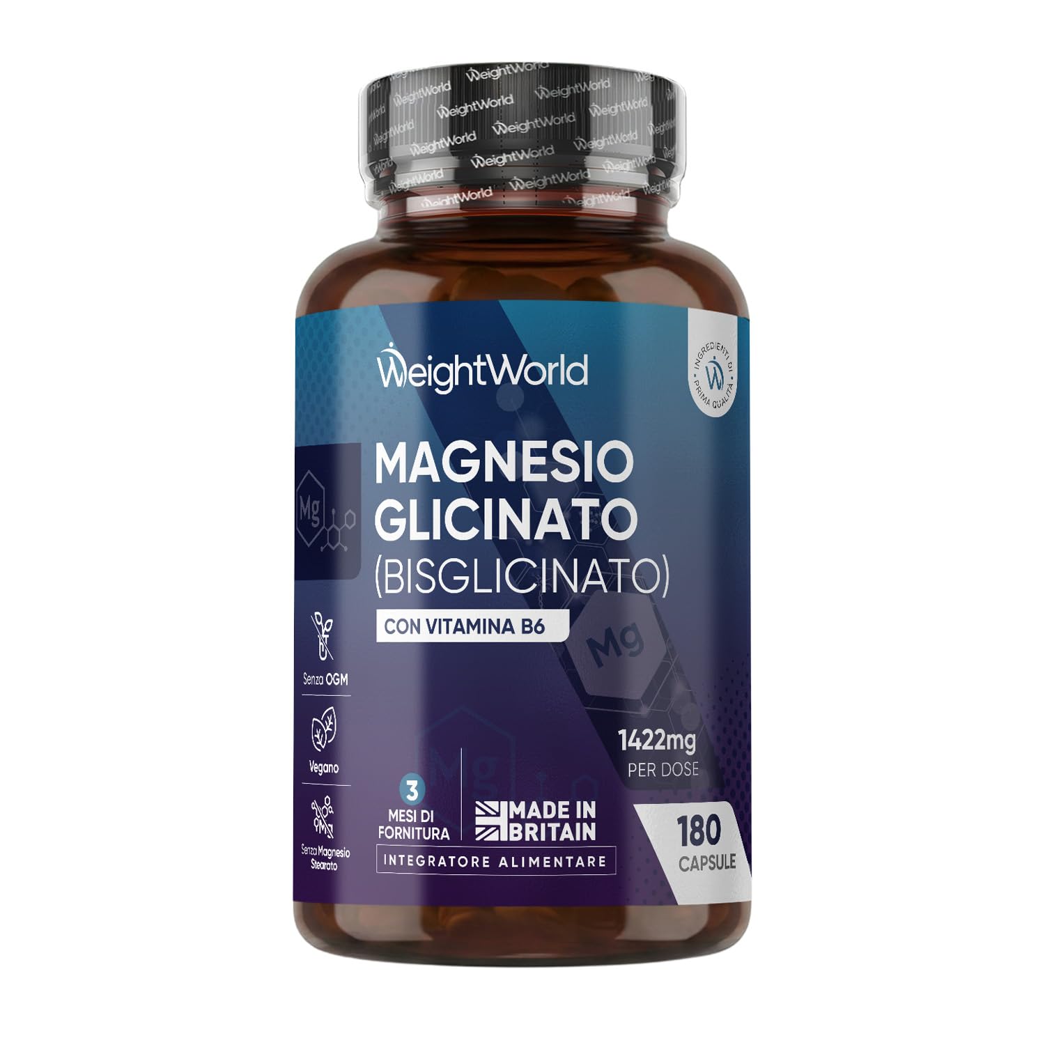 Magnesio Bisglicinato 1422mg per Dose con Vitamina B6, 180 Capsule (3 Mesi di Scorta), Magnesio Glicinato Vegano con Piridossina Cloridrato, 2 Capsule al Giorno di Magnesium Glycinate, Senza Additivi