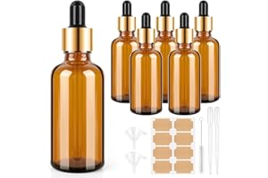 BELICOO 6PCS Glass Dropper Bottles, 50ml Pipette Dropper Bottle with Funnels Dropper Pipette Labels, Reusable Amber Glass Bottles for Perfume, Essential Oils, Aromatherapy Blends
