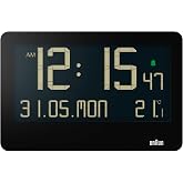 Braun Dijital Duvar Saati, İ&ccedil; Mekan Sıcaklığı, Tarih, Haftanın G&uuml;n&uuml;, B&uuml;y&uuml;k Ters LCD Ekran, Hızlı Set, Bip Alarmı, Siyah, Mode