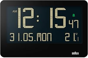 Braun Digital Wall Clock with Indoor Temperature, Date, Day of the Week, Large Reverse LCD Display, Quick Set, Beep Alarm in Black, model BC14B.