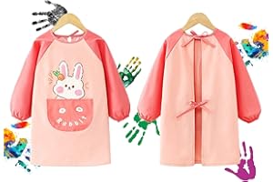 FAMIDIQGO Tablier de peinture pour enfants, avec poche, motif lapin, imperméable et résistant aux taches, léger et respirant, peinture d'art à l'école (rouge)