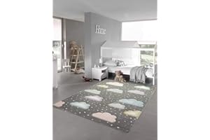 TEPPICH-TRAUM Nuage Tapis pour Enfants Tapis de Chambre pour Enfants Gris Bleu Rose Größe 200 x 290 cm