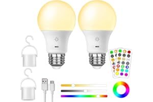 ‎BOBOPAI USB C Ładowalny Bateria Żarówka ze Zdalnym Sterowaniem, 9+3 Temperatury Kolorów, 8W Ściemnialna Żarówka Dotykowa LED, 2600mAh, A19, Z Hakami,2 pack