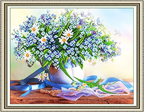 GMMH Diamond Painting Set Bild 14 x 18 Diamant Malerei Stickerei Handarbeit Basteln Mosaik Steine Frühling blaue Blumen - 4