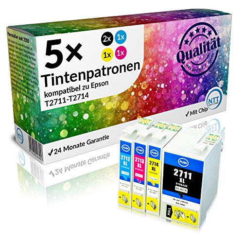 N.T.T.® ★★ PREMIUM ★★ 5x XL kompatible Druckerpatronen (2 Schwarz, 1 Cyan, 1 Magenta, 1 Yellow) für Epson WF-7620 DTWF, WF-7610 DWF, WF-7110 DTW, WF-3640 DTWF, WF-3620 DWF Tintenpatronen kompatibel zu Epson Serie 27XL (T-2711, T-2712, T-2713, T-2714)