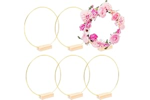 Pilikoll 6 Piezas 20cm Aros Florales de Metal Dorado con 6 Base de Madera Atrapasueños Aro de metal Guirnalda Mesa Boda Aros Floral Anillos con Base para Decoración de Boda Artesanal