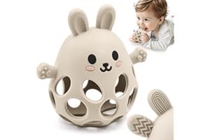 AITUITUI Anneau de Dentition en Lapin pour Bébé en Silicone de Qualité Alimentaire, Facile à Saisir et Doux, Jouet de Dentition Apaisant Sans BPA pour Bébés 0 3 6 9 12 18 Mois Garçon Fille, Beige