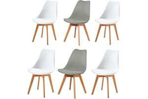 buybyroom Modern Dining Chairs Set of 6 with Wooden Legs and Soft Cushion for Living Room, Garden, Kitchen, Bedroom, Outdoor and Office, 4 White Chairs and 2 Grey Chairs