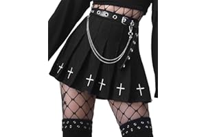 DINGJIUYAN Punk Cruz Estampado Oscuro Mini Faldas Cinturón De Cadena Negro Uniforme Falda Plisada