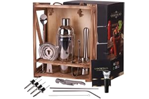 RERXN Set di shaker per cocktail da 18 pezzi, set di attrezzi da bar con supporto in legno rustico Kit perfetto per bartending da casa per un'esperienza di miscelazione di bevande fantastica (Silver)