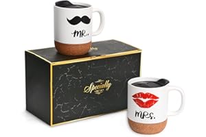 Tougo Mr and Mrs Tazze di Ceramica con Base in Sughero e coperchio, Regalo Coppie Unico per Sposa e Sposo, Regali Di Fidanzamento, Anniversario, Natale, Valentino,380 ML