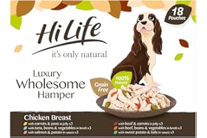 HiLife it's only natural Wet Dog Food - The Luxury Wholesome Hamper with Chicken Breast, Tuna, Salmon, Beef, Vegetables, Multipack of 36 Pouches x 100g