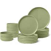 Amazon Basics Glazed Stoneware Dinnerware Set, 18 Pieces, 6 Complete Services, Dishwasher Safe, Olive