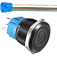 Gebildet 22mm Stainless Steel Latching Push Button Switch 110V-220V/5A Power Symbol LED 1NO1NC SPDT ON Off Waterproof Toggle Switch with Wire Socket Plug (Blue LED/Black Shell)