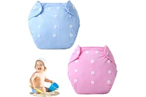 BAKEWHIZ 2 Pcs Swimming Nappy Reusable, Adjustable Washable Baby Swim Nappy Comfortable Swim Nappies for 0-3 Years Baby Boys& Girls for Swimming Lessons, Holidays (Blue & Pink)