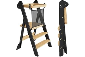 COSYLAND Torre de Aprendizaje Plegable Desde 1 Año – Premio iF Design, Torre Montessori con Red de Seguridad y Altura Ajustable, Ideal para Cocina y Baño, Foldi (Negro y Natural)