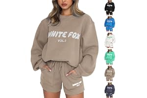 PREVENTLY White Fox Tracksuit Women Oversized Two Piece Outfit Long Sleeve Pullover and Loose Short Sweatpants Y2k Track Suit Ladies Gym Jogger Activewear Casual Sportwear Running Walking Hiking