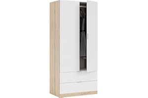 Habitdesign Armario de 2 Puertas y 2 cajones, 81x180x 52 (AnchoxAltoxFondo - Cm), Color Blanco Artik y Roble Canadian