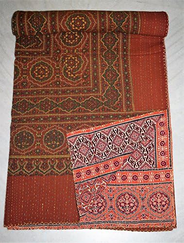 New Ajarak Block Print Handmade Kantha Quilt Bedspread Throw Textile Queen Size Blanket Bed Cover Duvet