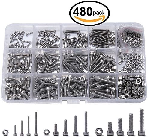 480PCS M2 M3 M4 Stainless Steel Hex Socket Head Cap Bolts Screws Nuts Assortment Kit with Storage Box (304 Stainless Steel)