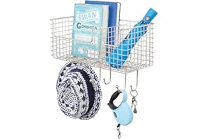 mDesign Organizador de cartas con cesta para pasillo y cocina – Colgador de pared compacto con guarda cartas y seis ganchos – Balda metálica con cuelga llaves para la pared – plateado mate