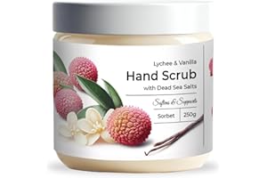 CalmGrace Exfoliating Hand Scrub with Dead Sea Salts - Lychee & Vanilla Scent | Hand Scrub Exfoliator with Sorbet Texture Enhanced with Aloe Vera, Coconut Oil, Vitamin C | 250g