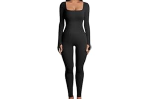 Dihope Femme Combinaison serré en tricot côtelé Manches longues col carré Combinaison De Sport Élastique Taille Haute Combinaison de yoga Ajustée Playsuit de Sport Bodysuit