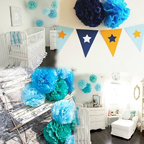 15er PomPoms Tissue PomPon Papierblume handgefertigt Hochzeit Partei Feier Dekoration 25cm & 35cm Blau - 5