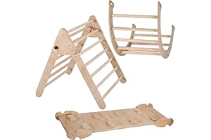 BommJokker Kletterdreieck klettergerüst Indoor Kletterdreieck mit rutsche pikler dreieck 3 in 1 kletterbogen Montessori klettergerüst Indoor ab 1 Jahr (Natürliche Farbe)