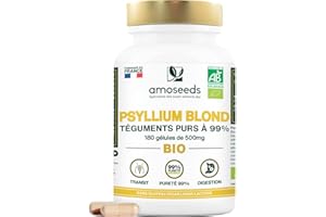 AMOSEEDS Psyllium Blond BIO, Téguments purs à 99% | 3000mg par jour | 180 gélules de 500mg | Transit, Digestion, Cœur | Qualité Supérieure