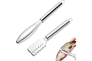 Ganquer 2PCS Fish Scale Remover Stainless Steel Fish Scaler Remover Fish Scale Scrape Ergonomic Handle Design for Fast Scales Peeling(2PCS, Silver,size:7.87x1.38inch+9.65x1.26inch)