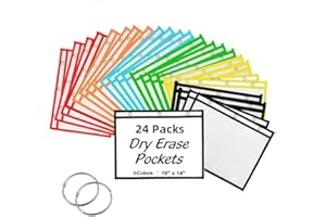 OAYGAT 24PCS A4 Dry Erase Pockets Reusable Dry Erasable Pockets Transparent Write And Wipe Drawing Board Dry Brush Bag File Pocket Plastic Clear Sleeves Wipeable Shop Ticket Write and Wipe Pocket with 2 Ring