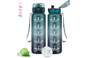 GRSTA Botella Agua, Botella de Agua 1l con Filtro, Cantimplora Infantil a Prueba de Fugas, Fácil de Transportar, Cantimplora Reutilizable con Eslogan Motivacional, para la Escuela, Oficina, Adulto, Camping
