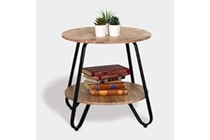 MEUBLE COSY Mesa Auxiliar Redonda Mesita de Noche con Repisa para Salón Dormitorio, Escandinavo, Marco de Metal