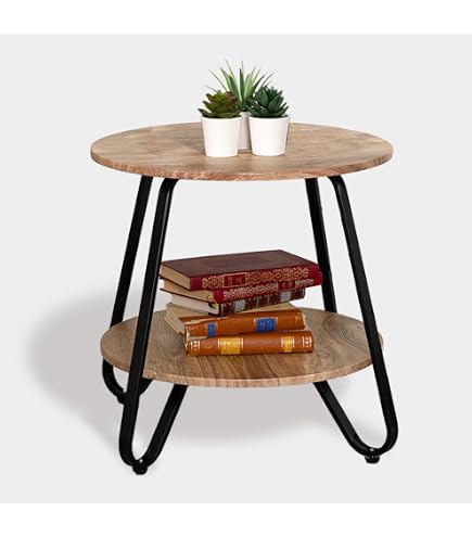 GIANTEX Tavolino rotondo a 2 livelli, estremità del divano con cesto portaoggetti in tessuto, telaio in metallo, tavolino basso, comodino, per soggiorno, camera da letto, ufficio, 44 x 60,5 cm (caffè