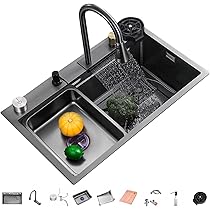 Lavello Da Cucina Nano Nero In Acciaio Inossidabile 304 | Lavandino A Cascata Per Bar E Casa - Foto 4