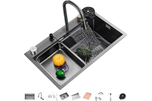 GMTSTORE 304 Fregadero De Cocina De Acero Inoxidable Fregadero De Barra De Cascada Multipropósito Fregadero para Caravanas con Grifo Extraíble Y Componentes De Drenaje (Color : Black-b, S : 80x45x22cm)