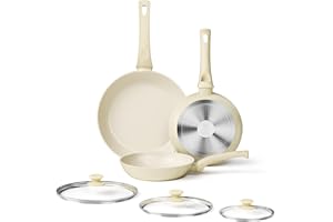 Innerwell Set di 6 padelle da 20/24/28 cm, con coperchio, padella a induzione con rivestimento antiaderente in granito, senza PFOA, padella in alluminio antigraffio (beige)
