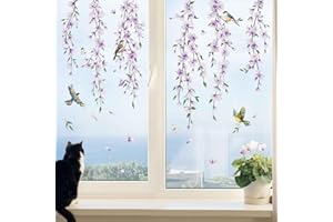 Supzone Adesivi per Finestra Fiori di Ciliegio Viola con Rami e Uccelli sul Ramo, Pellicola Decorativa per Vetri, Anti-Collisione per Porte e Soggiorno, Non Adesiva e Riutilizzabile