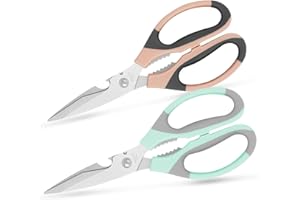 Vutyvve Lot de 2 paires de ciseaux de cuisine, lames en acier inoxydable, poignée douce, multifonction, rose/gris/bleu gris