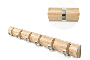 WODENY Bamboo Wall Mounted Coat Rack, Towel Hook Hanger Space Saving Modern Sleek with Retractable & Flipped Smooth Kirsite Hooks for Hanging Towels Keys Hats Heavy Duty Shower Wall(Natural, 6 Hooks)