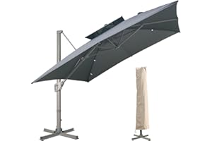 LKINBO Sonnenschirm Quadratisch 300 x 300 cm mit Ständer und Kurbel, Groß Ampelschirm Neigbar 360°Drehbar Parasol Windfest Gartenschirm Wasserdicht Marktschirm für Garten Deck Outdoor, Grau