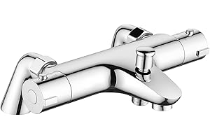 Ronvie Thermostatic Bath Shower Mixer Tap, Solid Brass Deck Mounted Bath Tap with Shower Attachment, 38°C Safe Anti-Scald Shower Mixer Bar Valve, Chrome Finished, 180mm (Bathtub Mounted)