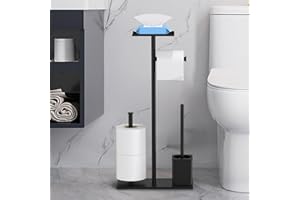 UUlioyer Portarrollos Papel Higienico de Pie, Escobillero y Portarrollos para Baño, Soporte Papel Higienico sin Taladro, Organizador Papel Higienico, Negro (con Estante y escobilla)