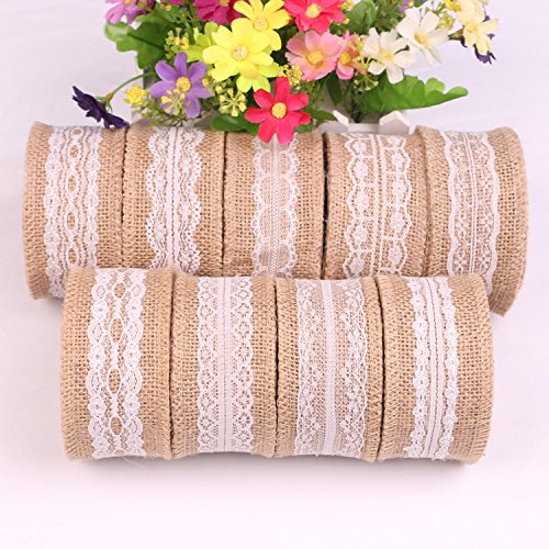 Yalulu 9 Stück 5cm * 2M Vintage Leinwand Hessische Jute Lace Band Handwerk Farbband mit Weisse Spitzen für DIY Handwerk Hochzeit Haus Dekor - 2