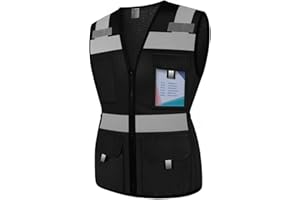 Graunton Hi Vis Vest for Women 11 Pockets Mesh Reflective Safety Vest with Zipper, High Visibility Neon Construction Work Vest for Lady Surveyor/Warehouse, Snug-Fit, Durable, ANSI Compliant,Black XS