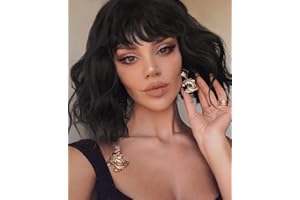 JUZIVIEE Perücke Schwarz mit Pony für Damen kurz Bob Locken Gewellte Perücken Synthetische Perucken wie Echthaar für Mädchen Tägliche Anwendung Wig (ca.27cm) D069P